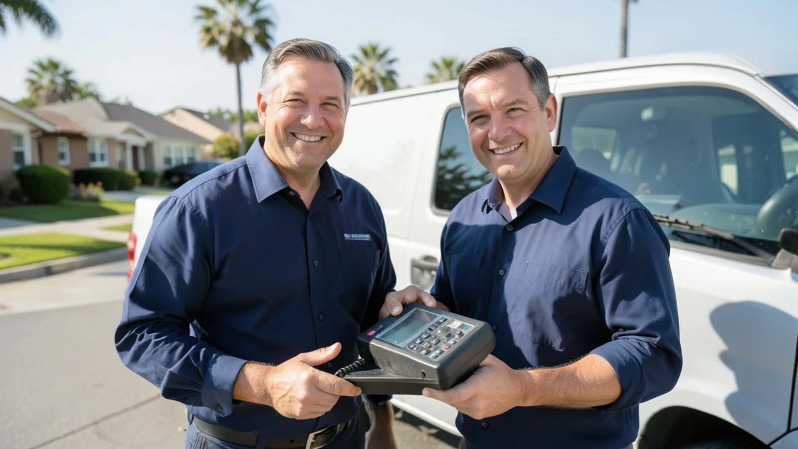 Lead Campbell HVAC technician in navy work uniform holding diagnostic gauges beside outdoor heat pump
