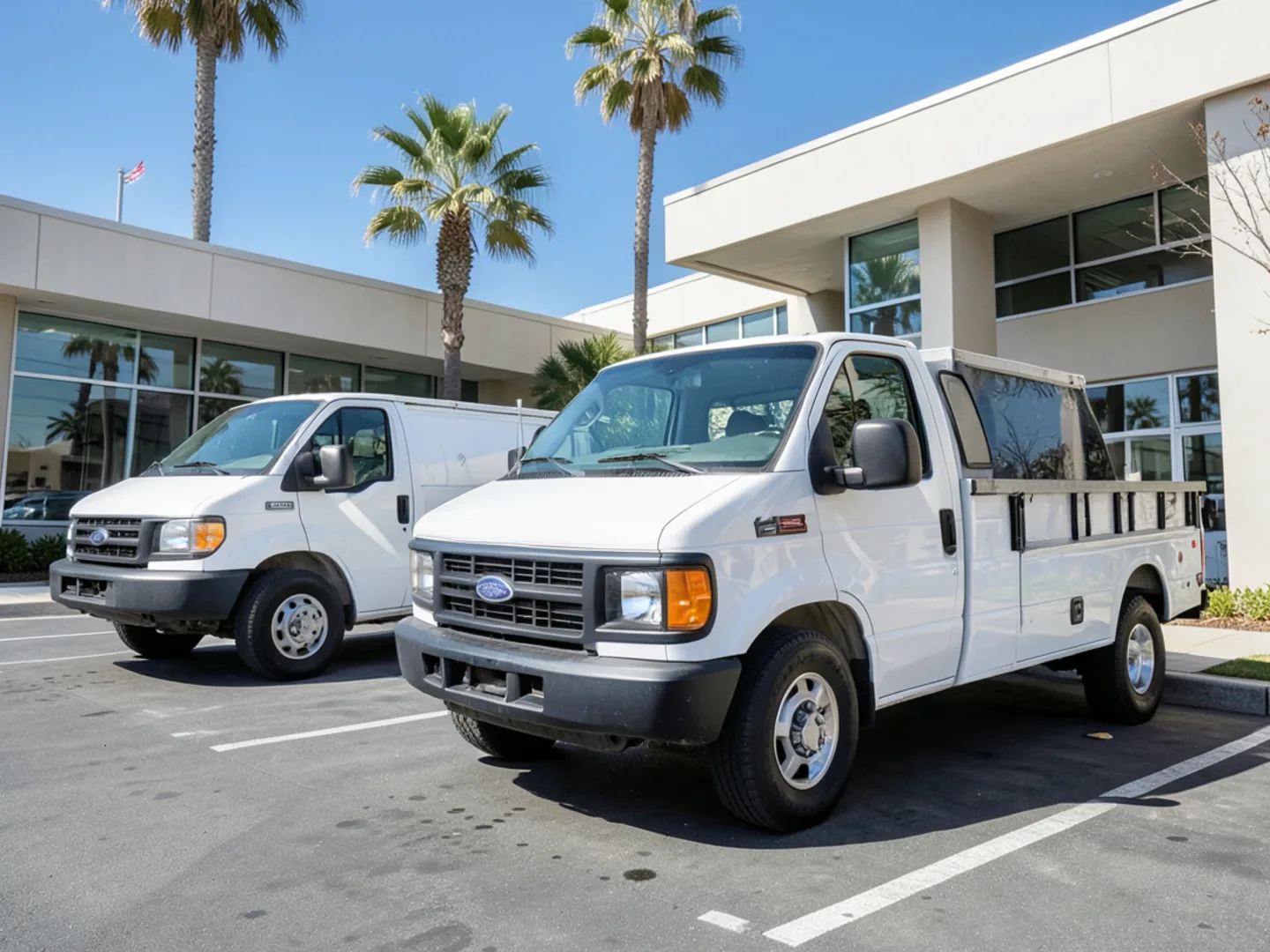 PerformanceMech HVAC commercial service vehicle fleet parked outside Campbell facility under palm trees