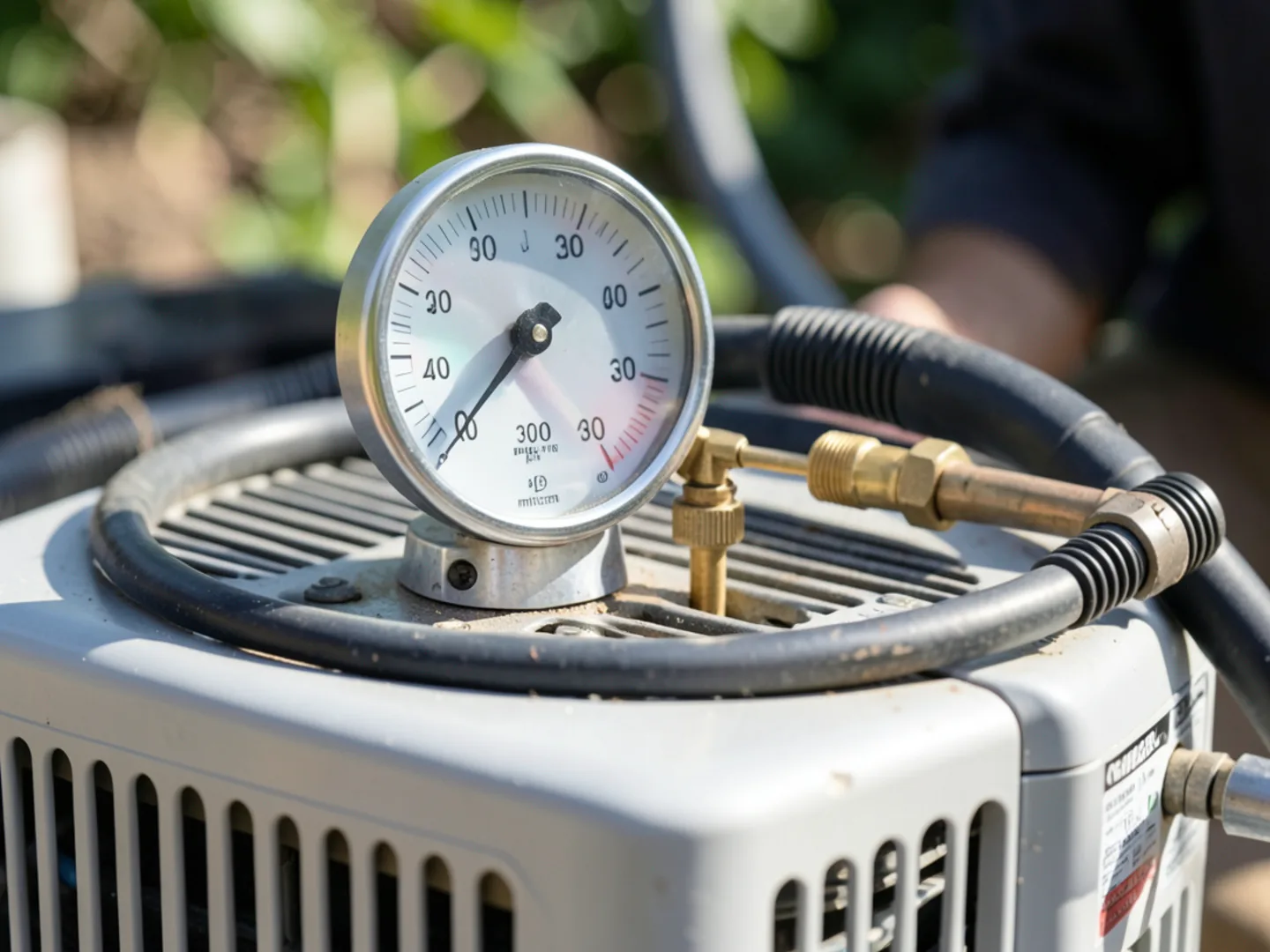 Digital micron vacuum gauge resting on top of outdoor condenser showing evacuation depth below 300 microns