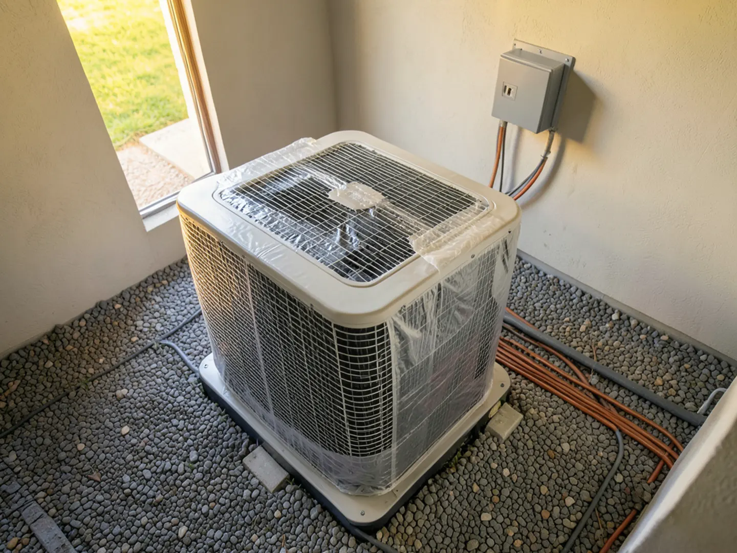 Completed air conditioner installation on neat gravel bed with outdoor electrical disconnect and conduit