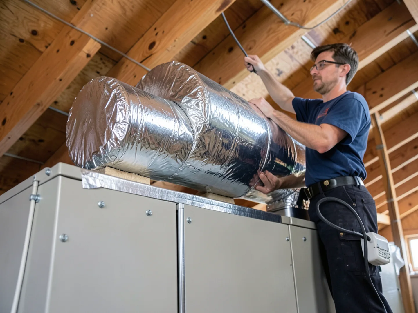 Installer securing cased aluminum evaporator coil on top of horizontal air handler cabinet in attic