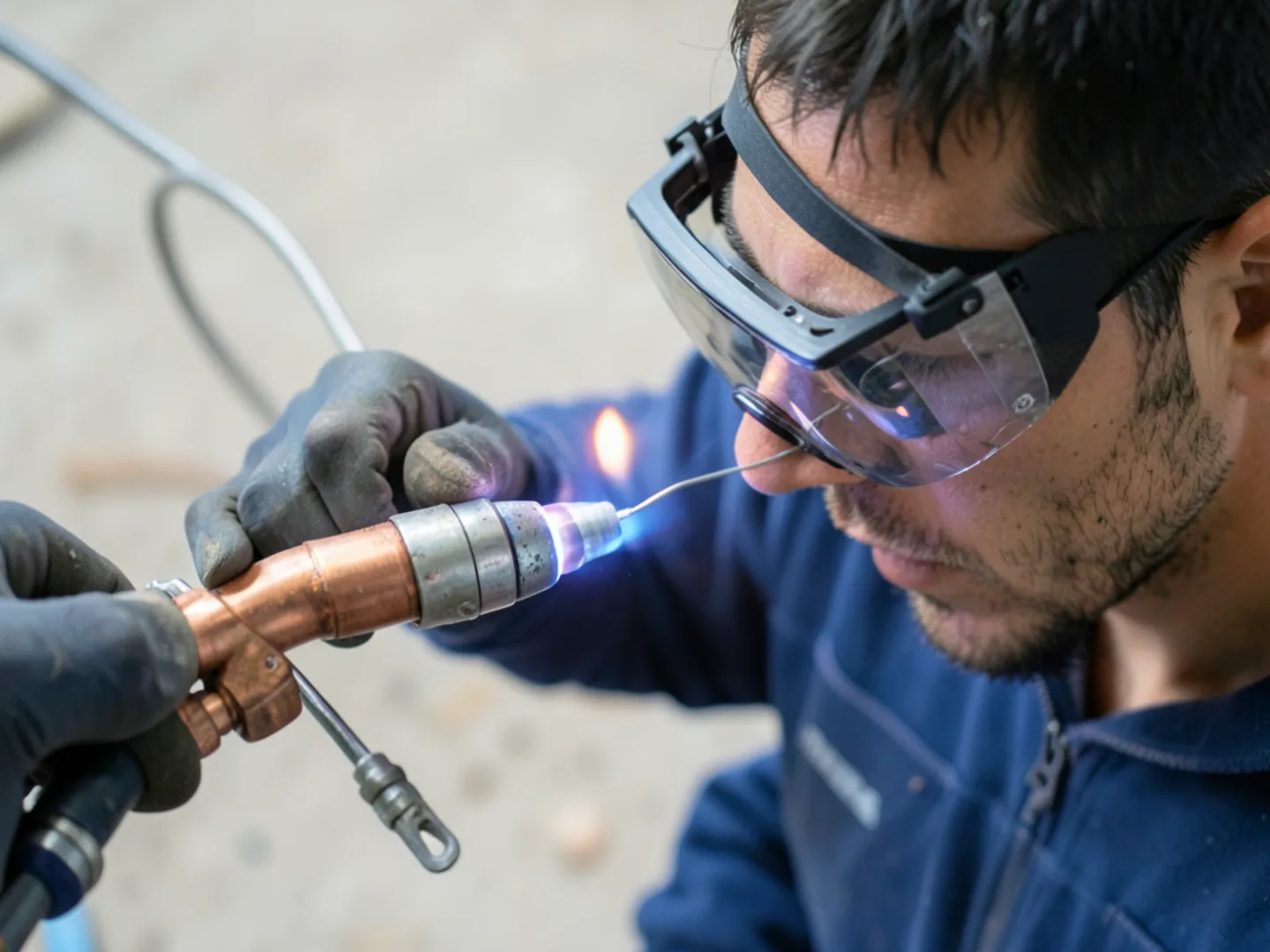 Installer in tinted safety goggles using oxy-acetylene torch with nitrogen purge to braze copper refrigeration elbow
