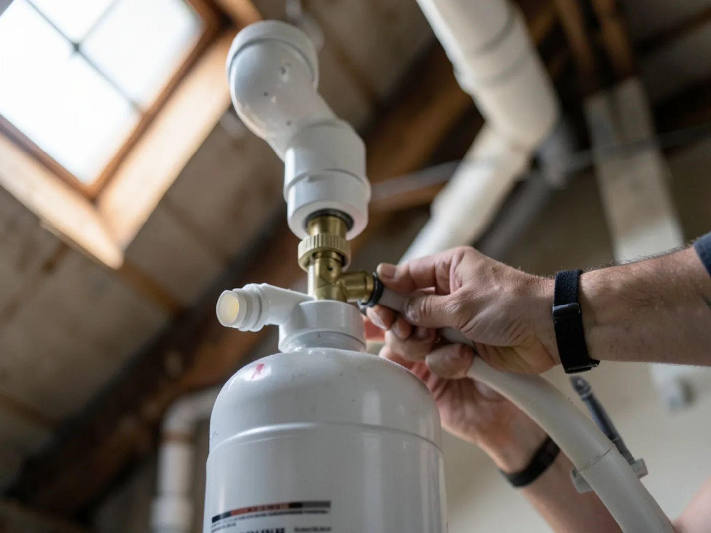 Technician using portable nitrogen purge kit connected to white PVC condensate drain pipe in attic