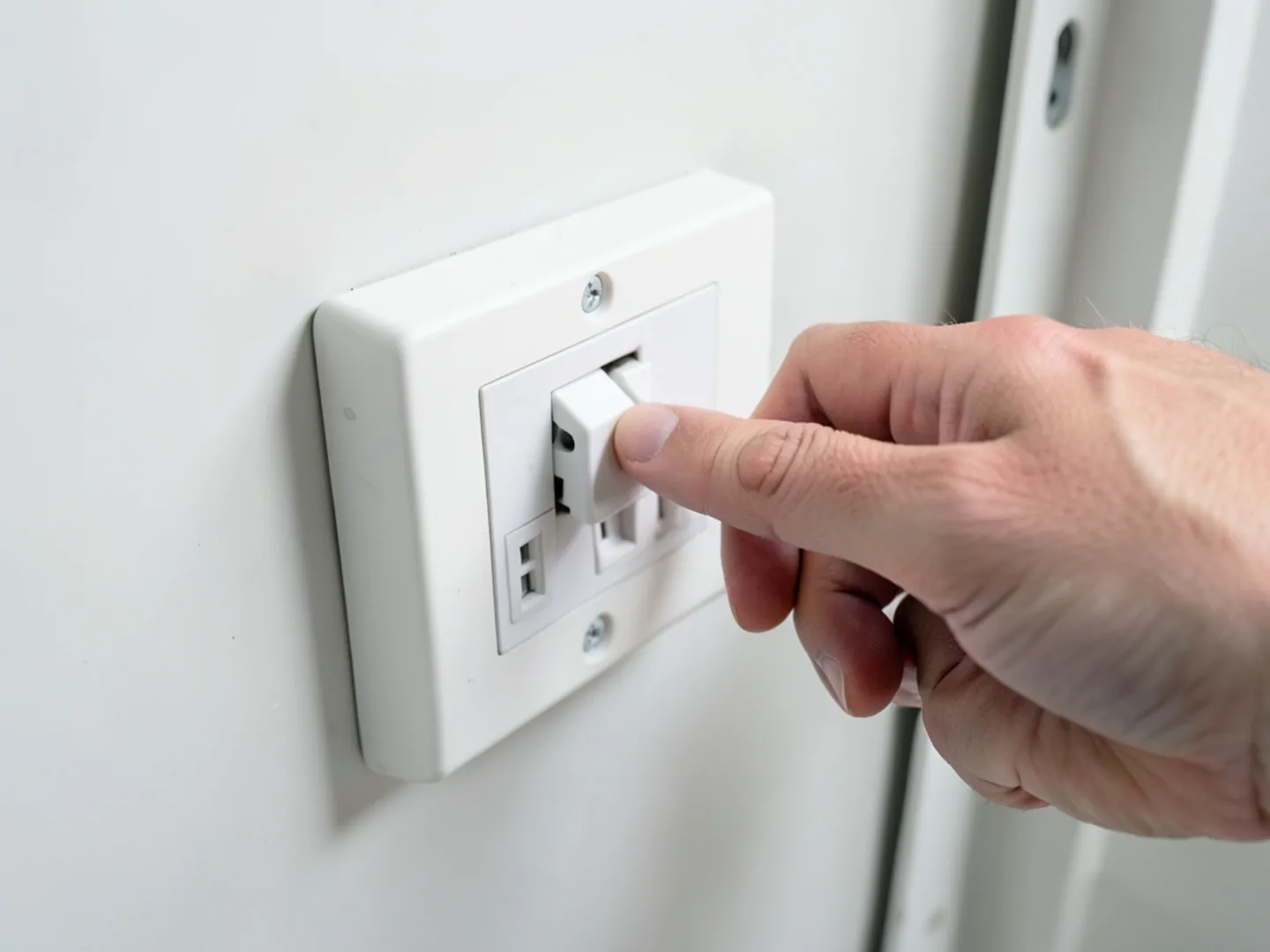 Homeowner checking double-pole circuit breaker labeled AC in residential electrical service panel
