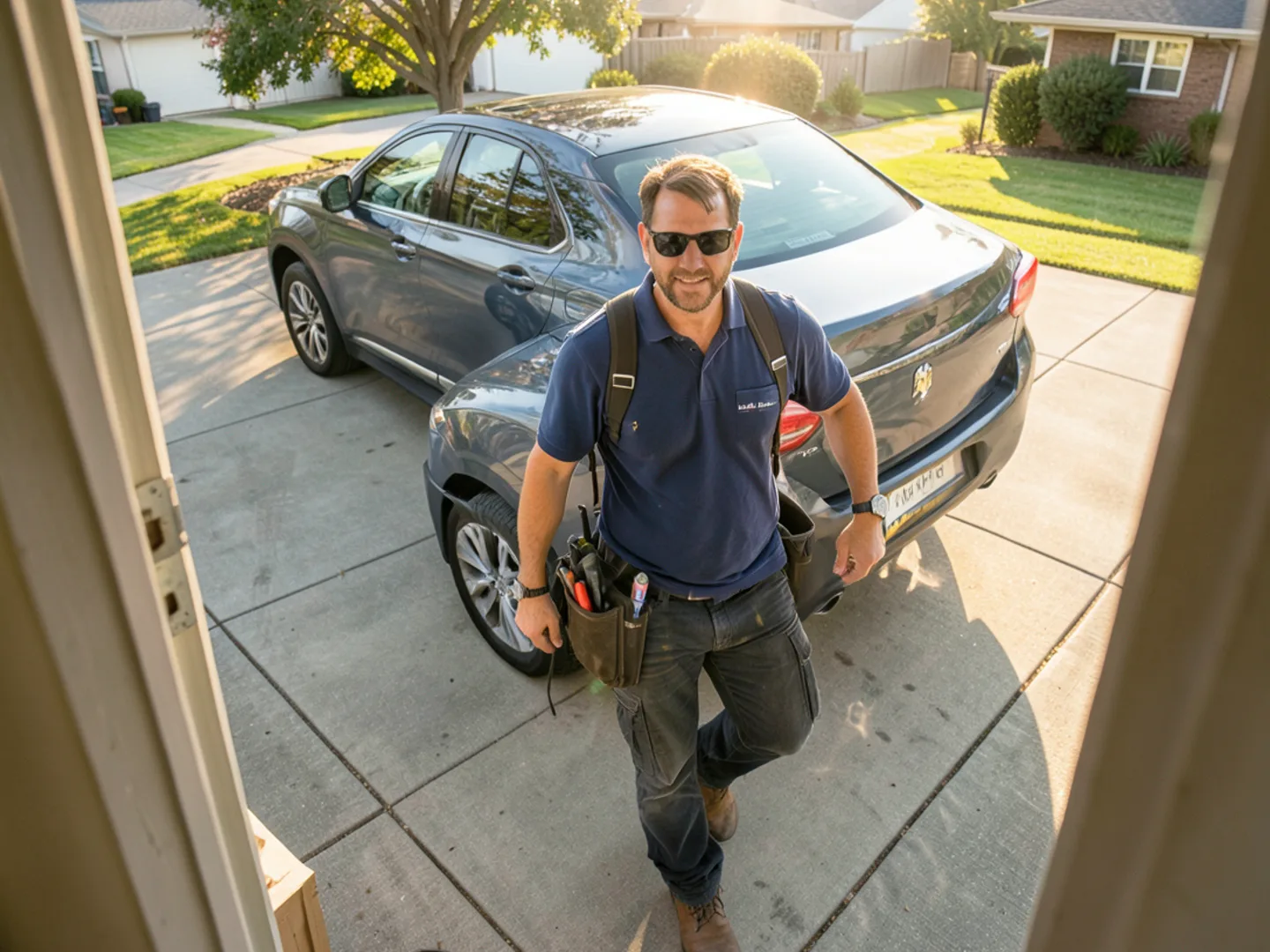 PerformanceMech service technician arriving with tool tote at South Bay home on hot afternoon