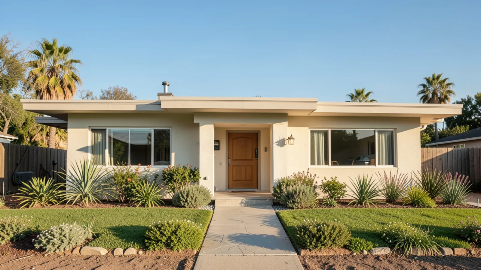 Mid-century modern California ranch home with contemporary low-profile AC condenser outside