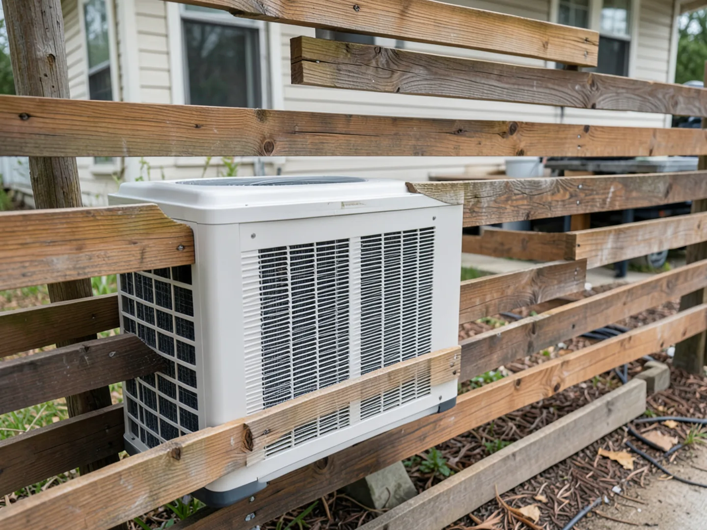 Low-profile side-discharge cooling condenser installed neatly behind cedar privacy screen