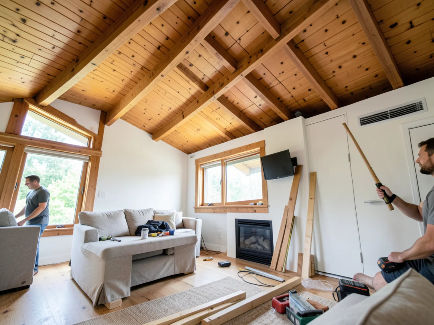 Ductless wall unit mounted discreetly in mid-century living room with exposed wood tongue-and-groove ceiling