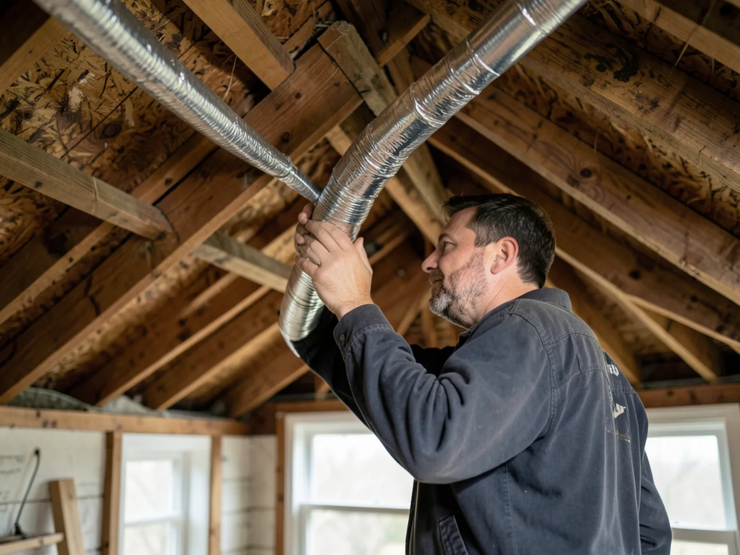 Installer carefully routing compact insulated flexible duct run through shallow low-slope ranch attic