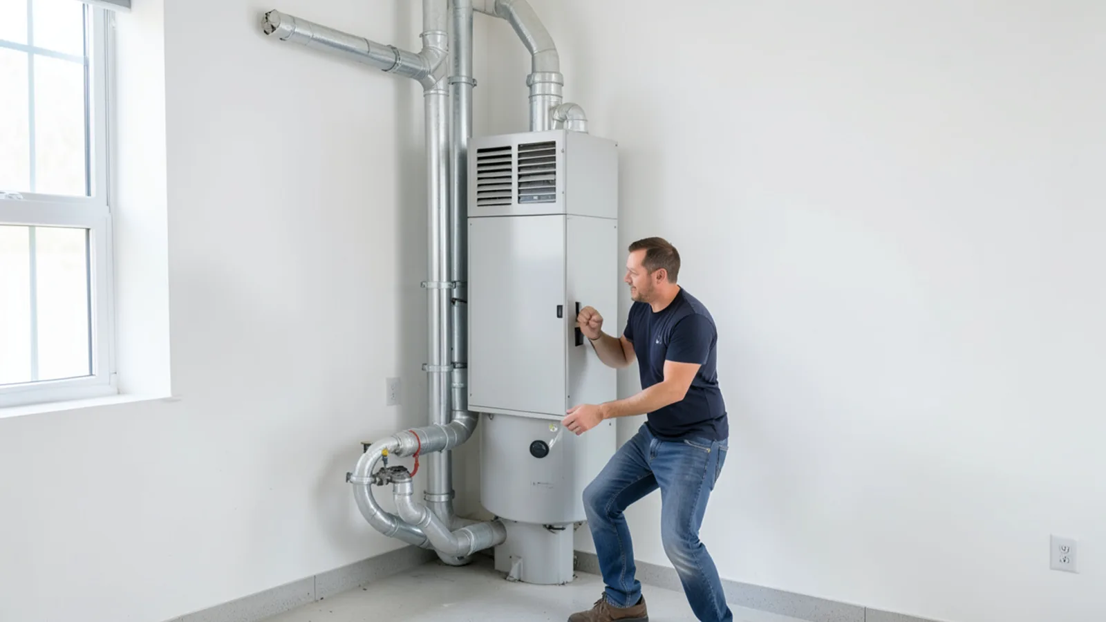 Technician standing beside modern all-electric heat pump explaining BAAQMD zero-NOx regulations