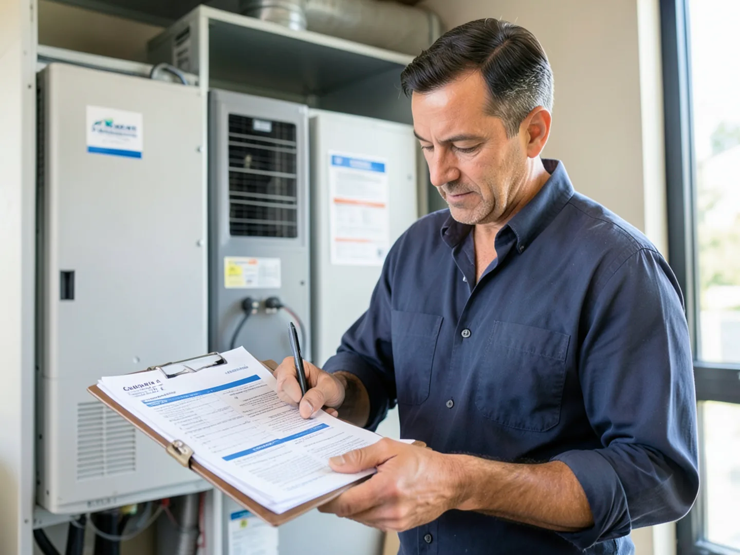 Technician and homeowner reviewing California Title 24 CF1R energy compliance certificate on clipboard