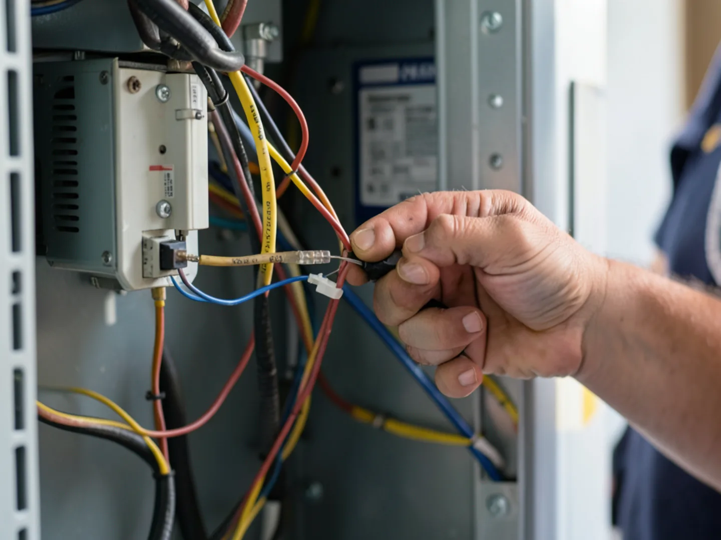 Electrician wiring 240-volt high-voltage disconnect switch for all-electric residential air handler