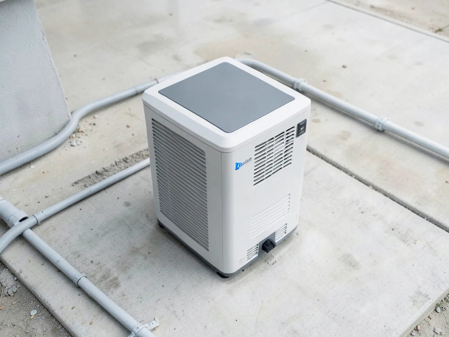 Zero-NOx compliant variable-speed electric heat pump operating quietly outside suburban Campbell home