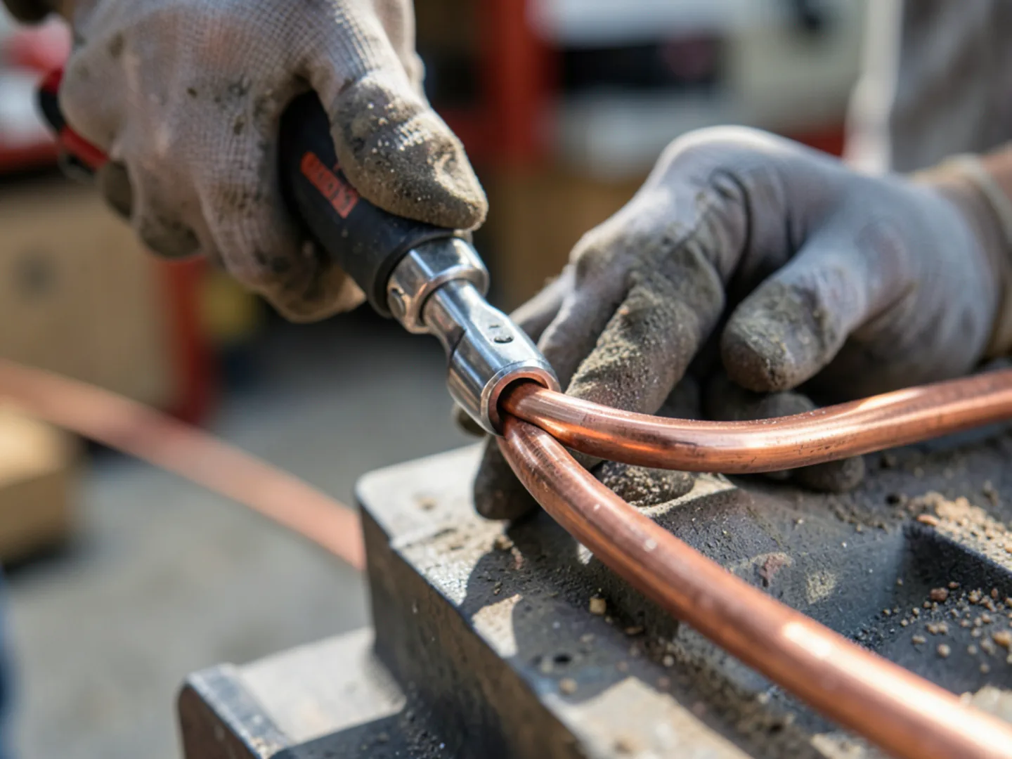 Macro shot of eccentric cone flaring tool creating precise forty-five degree flare on copper refrigeration pipe