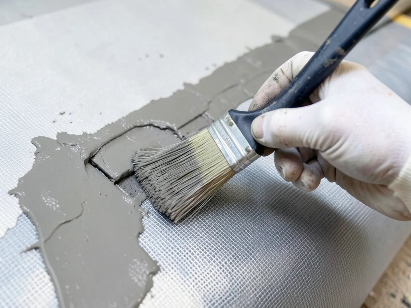 Gloved hands applying thick mastic sealant with brush over fiberglass mesh tape on supply air plenum seam