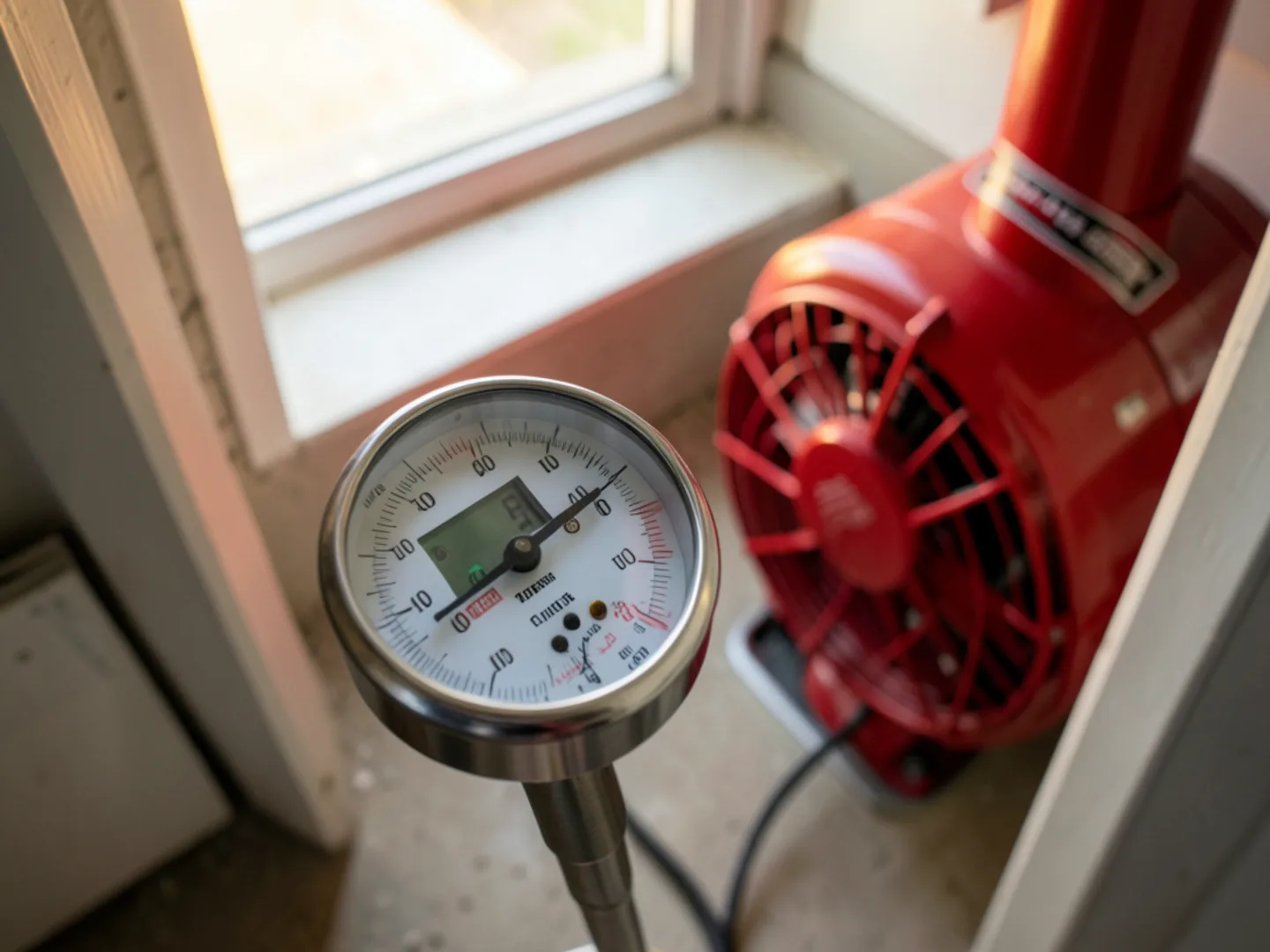 Calibrated duct blaster fan and digital pressure manometer setup testing airtightness in residential hallway