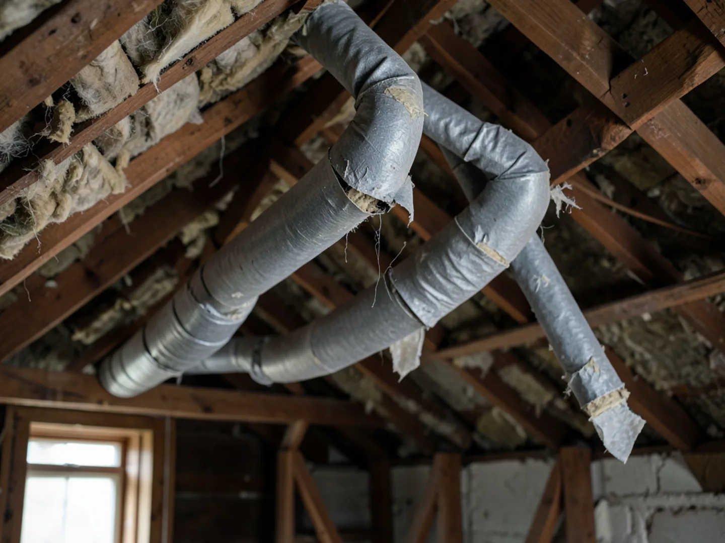 Flashlight illuminating crushed, torn gray vinyl flexible duct with exposed fiberglass insulation in dusty attic