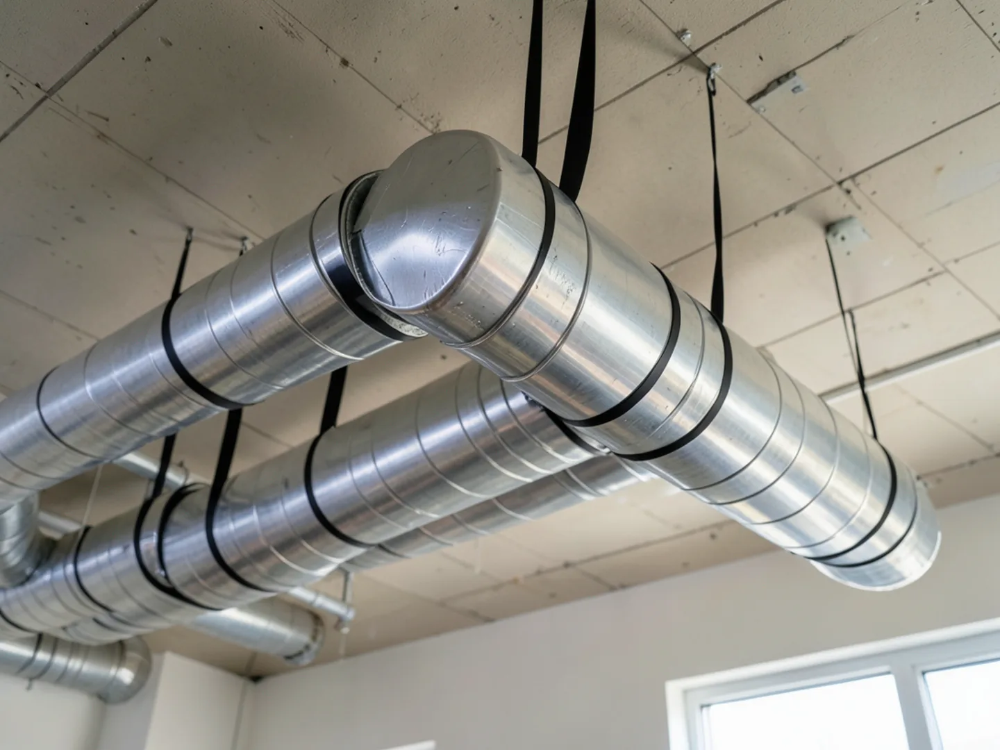 Clean attic space showing silver R-8 insulated flexible ducts suspended on wide nylon support straps without sags