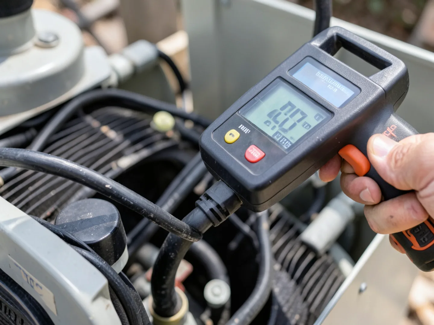 Digital clamp meter clamped around black compressor power lead inside condensing unit showing operating amps