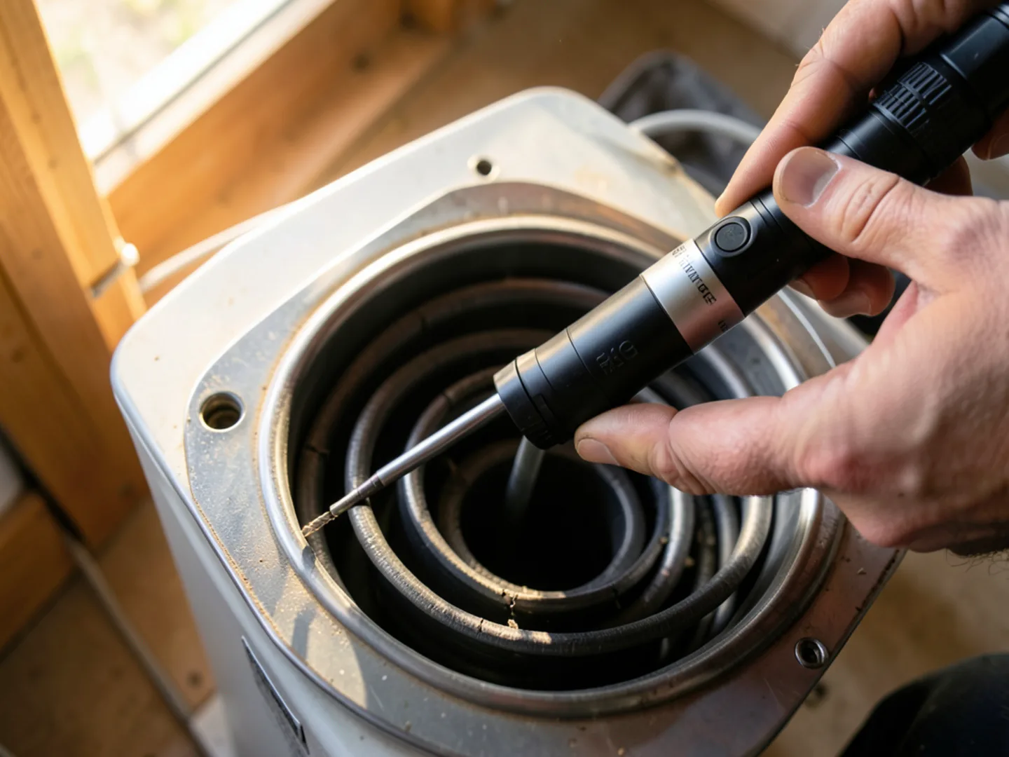 Feeding flexible borescope inspection camera probe into curved furnace heat exchanger passages