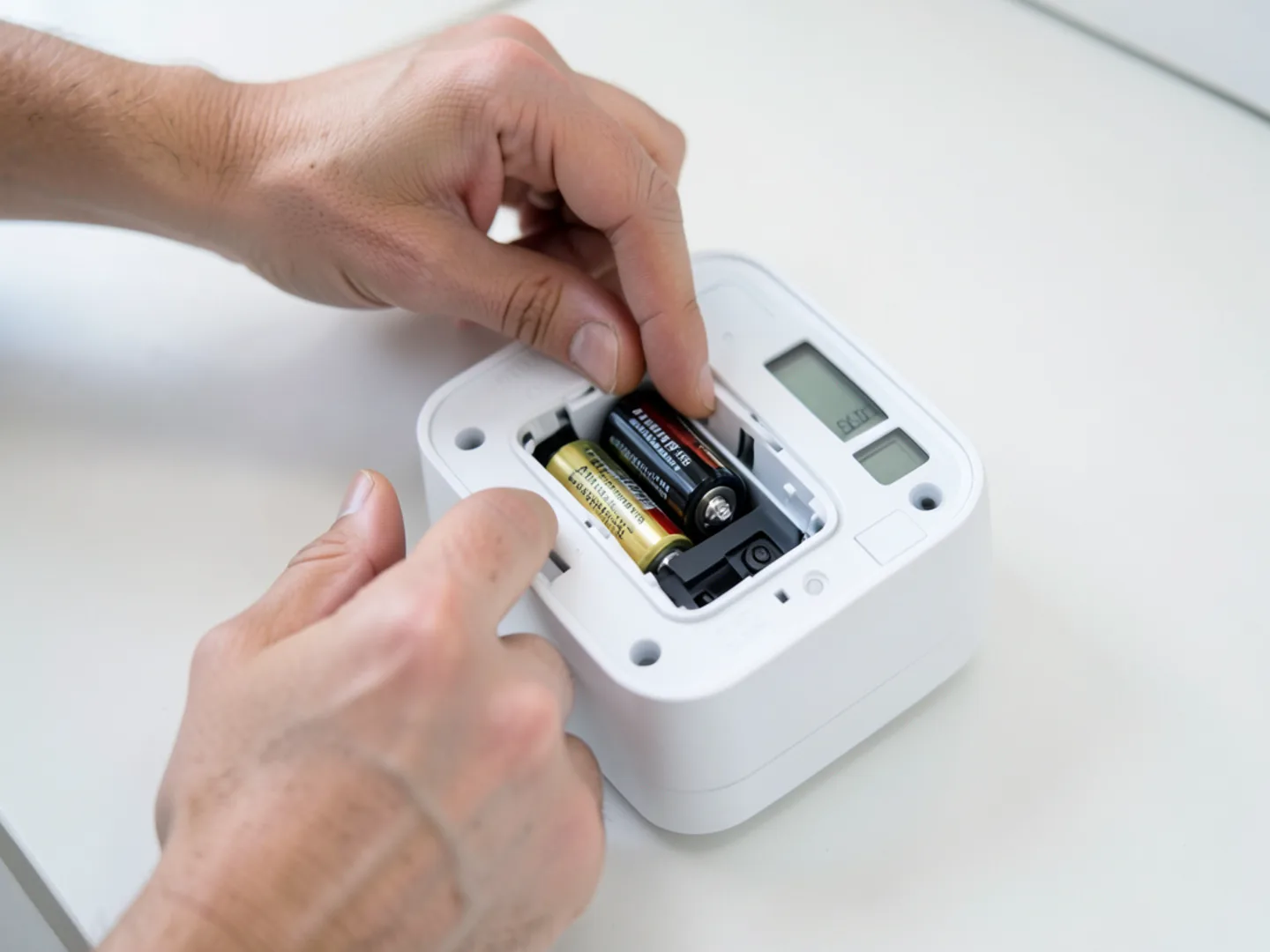 Replacing two AA alkaline batteries inside digital electronic wall thermostat compartment