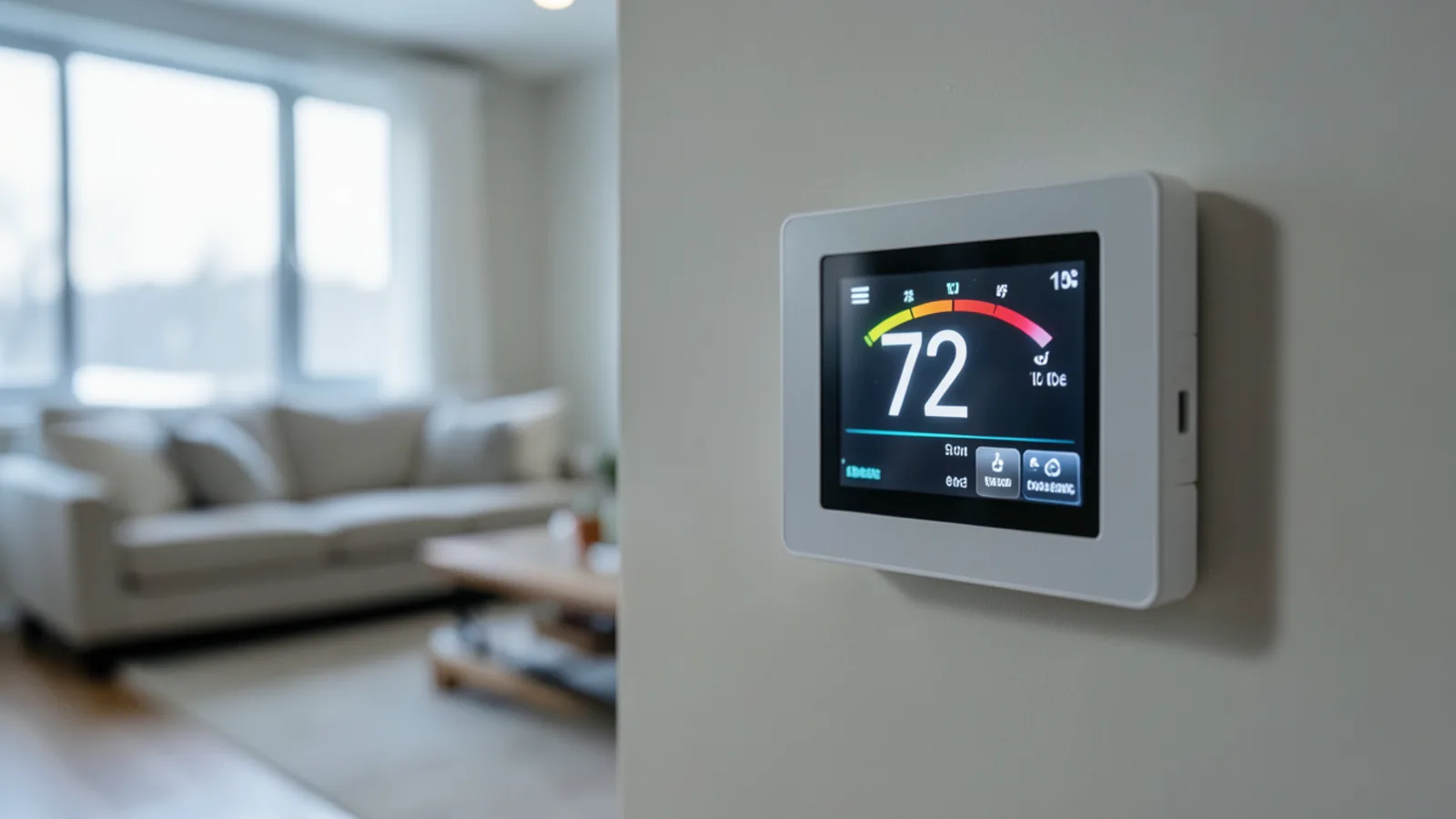 Homeowner looking at digital wall thermostat while holding flashlight in utility closet in Campbell