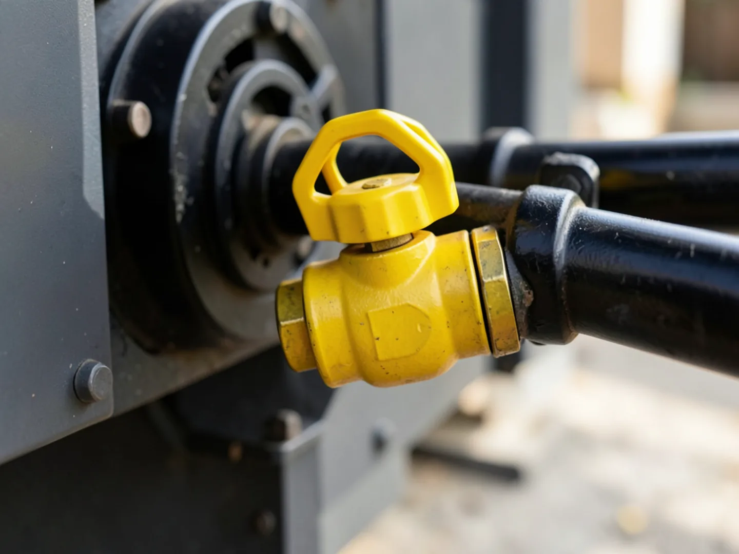 Manual yellow gas supply valve shown in parallel open position along black iron fuel pipe