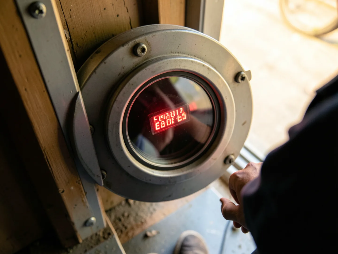 Viewing blinking red diagnostic LED flash sequence through sight glass on furnace blower door