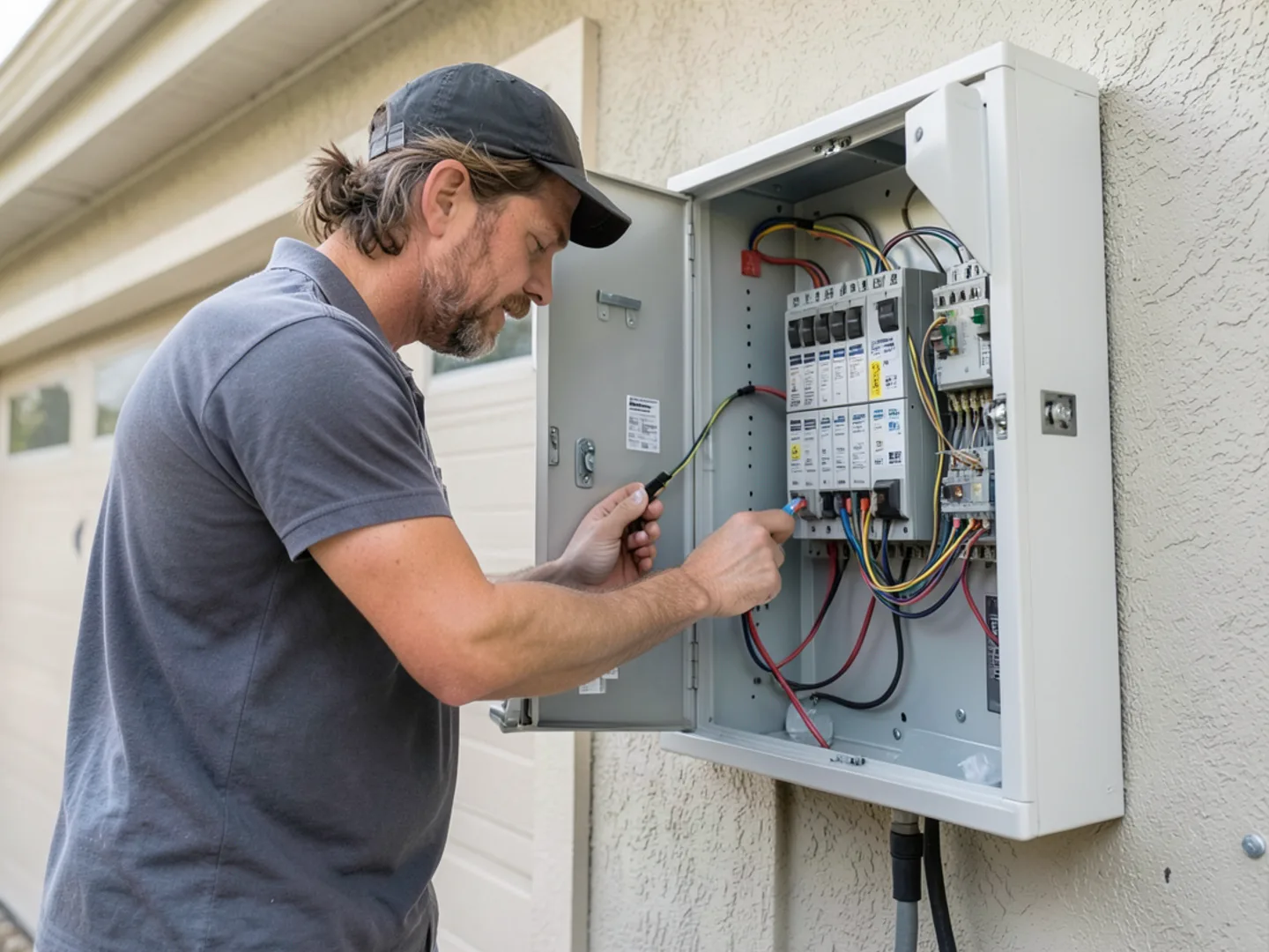 Technician testing voltage and load capacity inside opened 200-amp residential circuit breaker panel