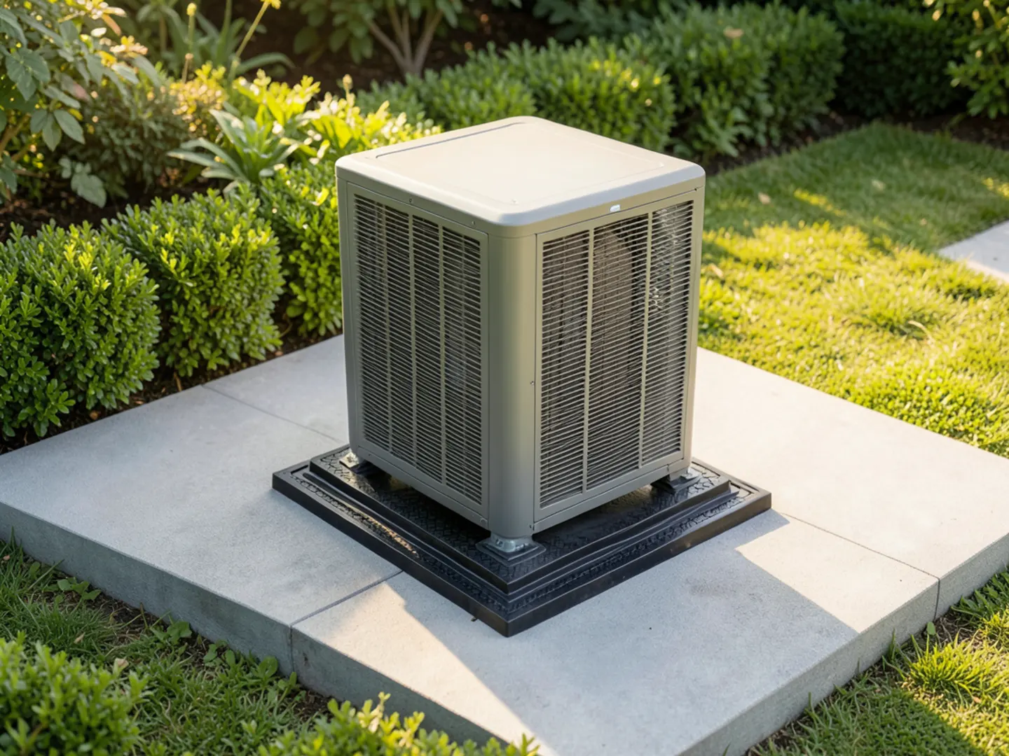 Slim side-discharge inverter heat pump unit installed on heavy rubber vibration isolation pads