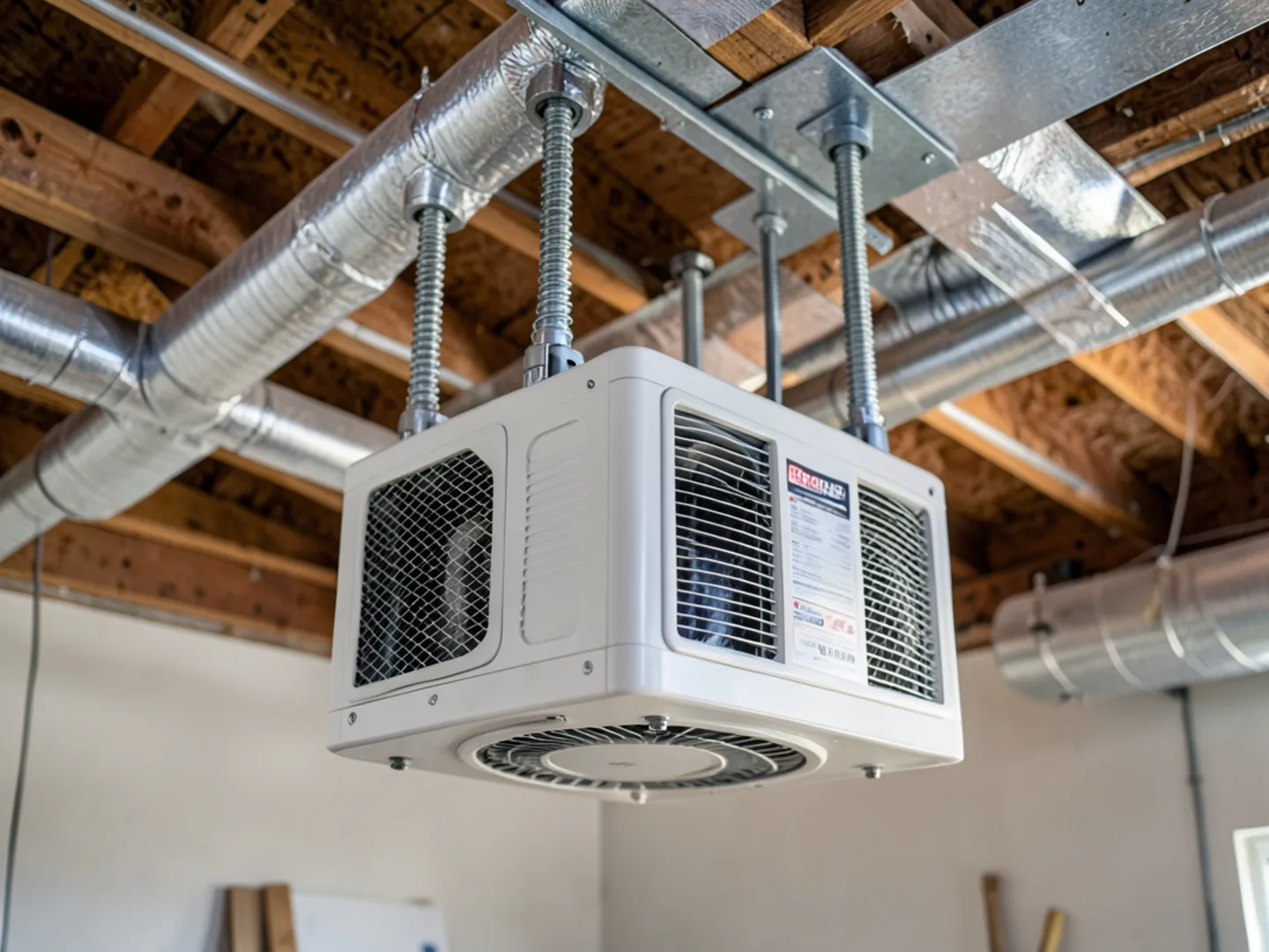 Variable-speed electric air handler suspended from attic rafters with heavy-duty vibration isolators