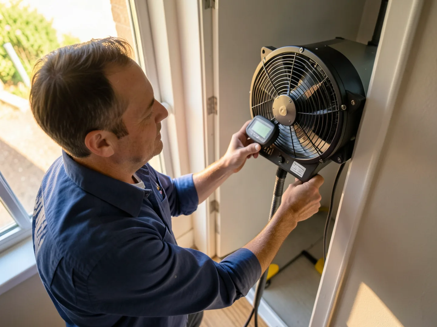 Certified energy rater adjusting calibrated duct-pressurization testing fan mounted in return opening