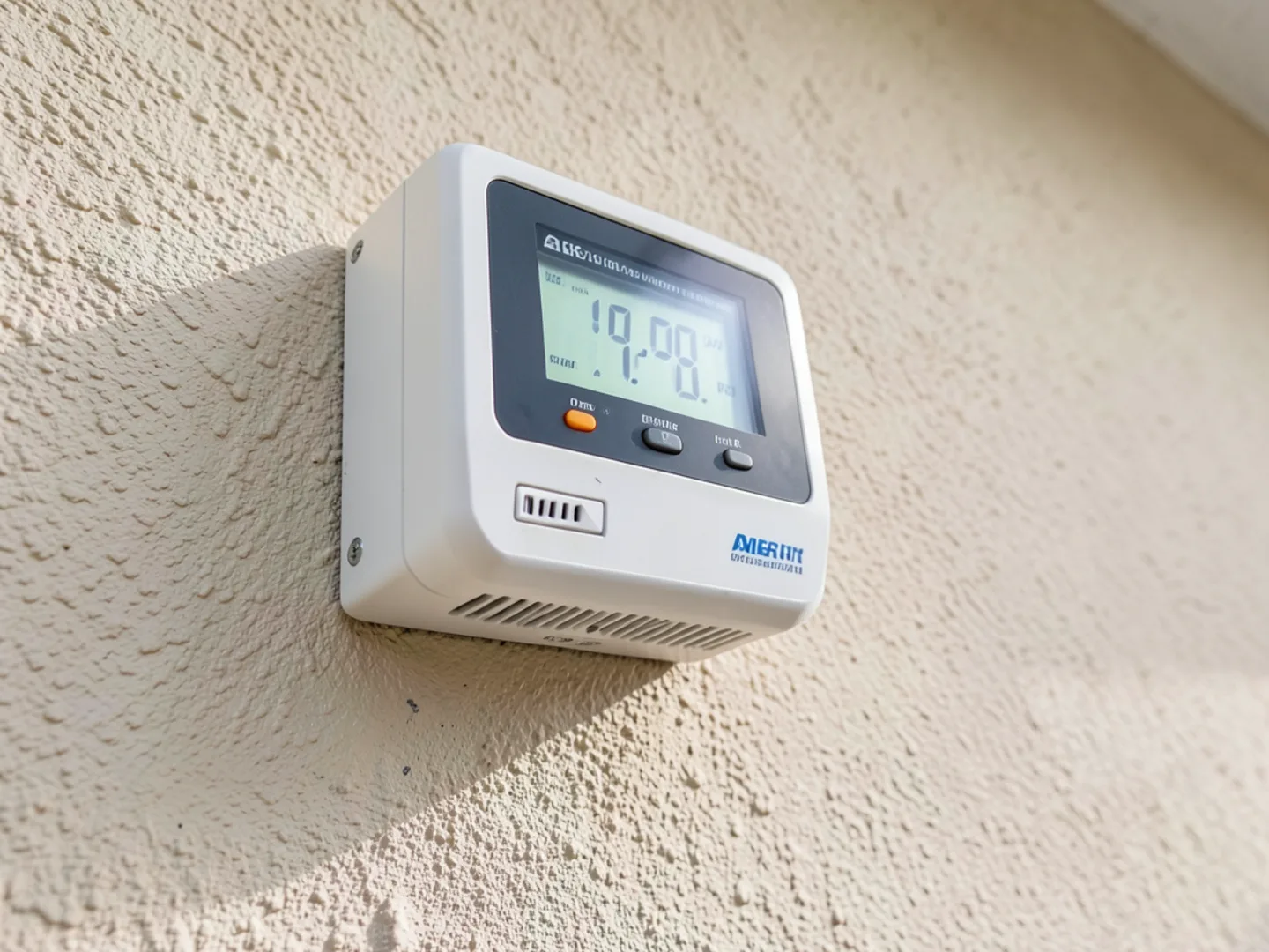 Digital smart utility electricity meter recording kilowatt-hour consumption on exterior home wall