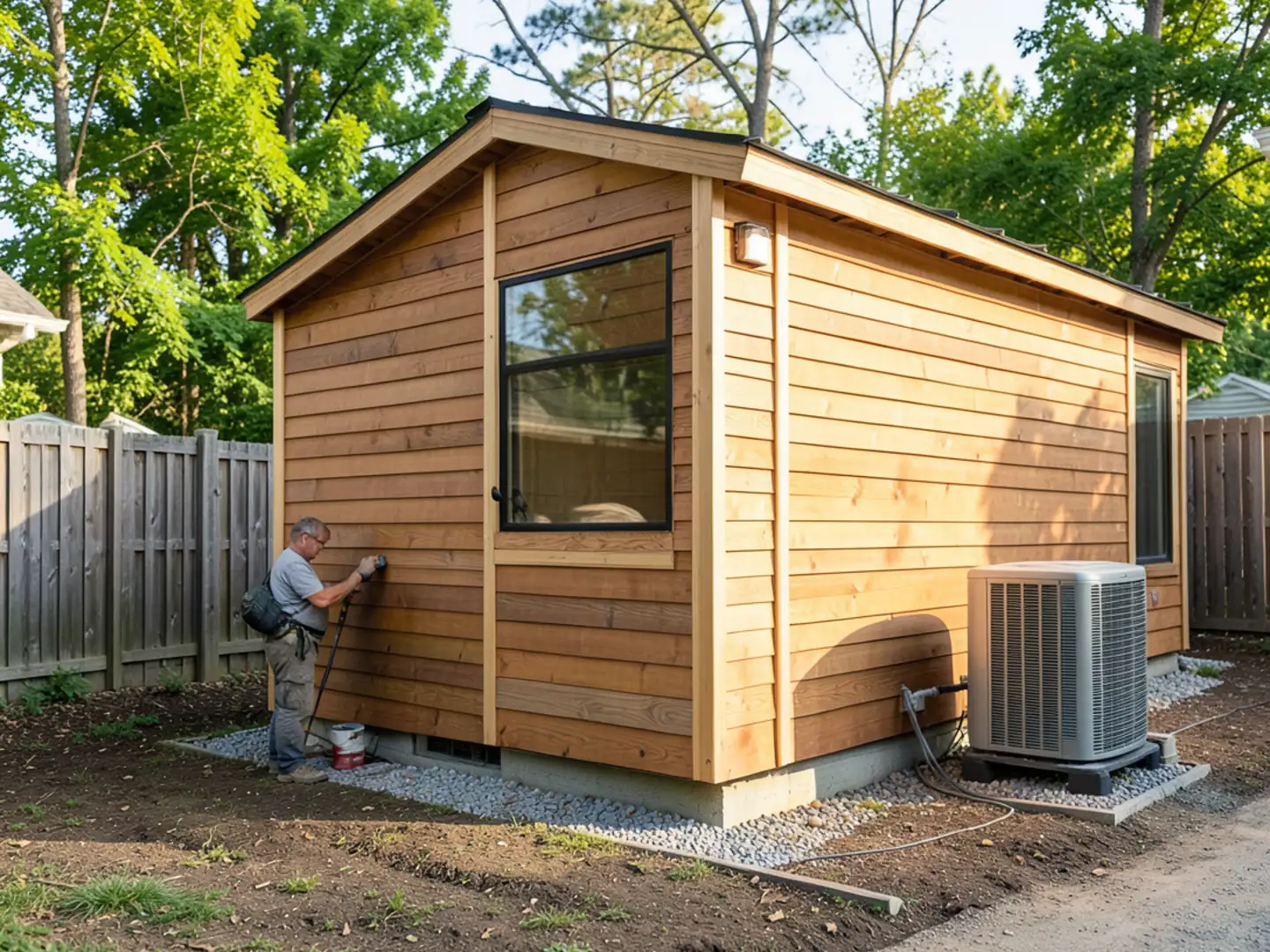 Independent ductless mini-split condenser installed outside new detached accessory dwelling unit in Los Altos