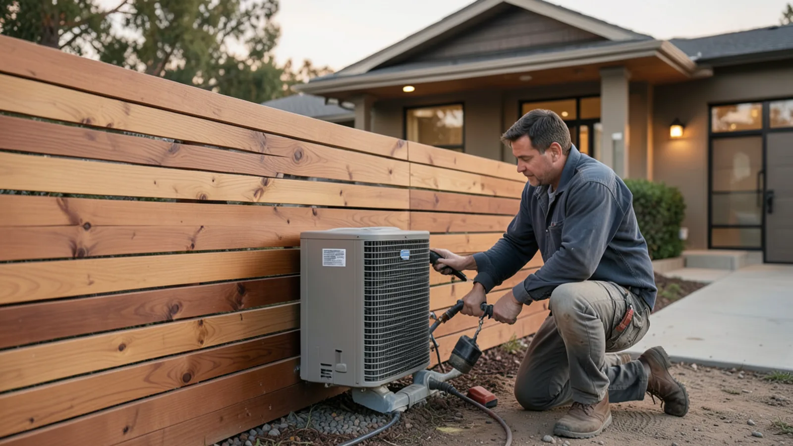 HVAC specialist servicing premium multi-zone heat pump system outside sprawling Los Altos estate