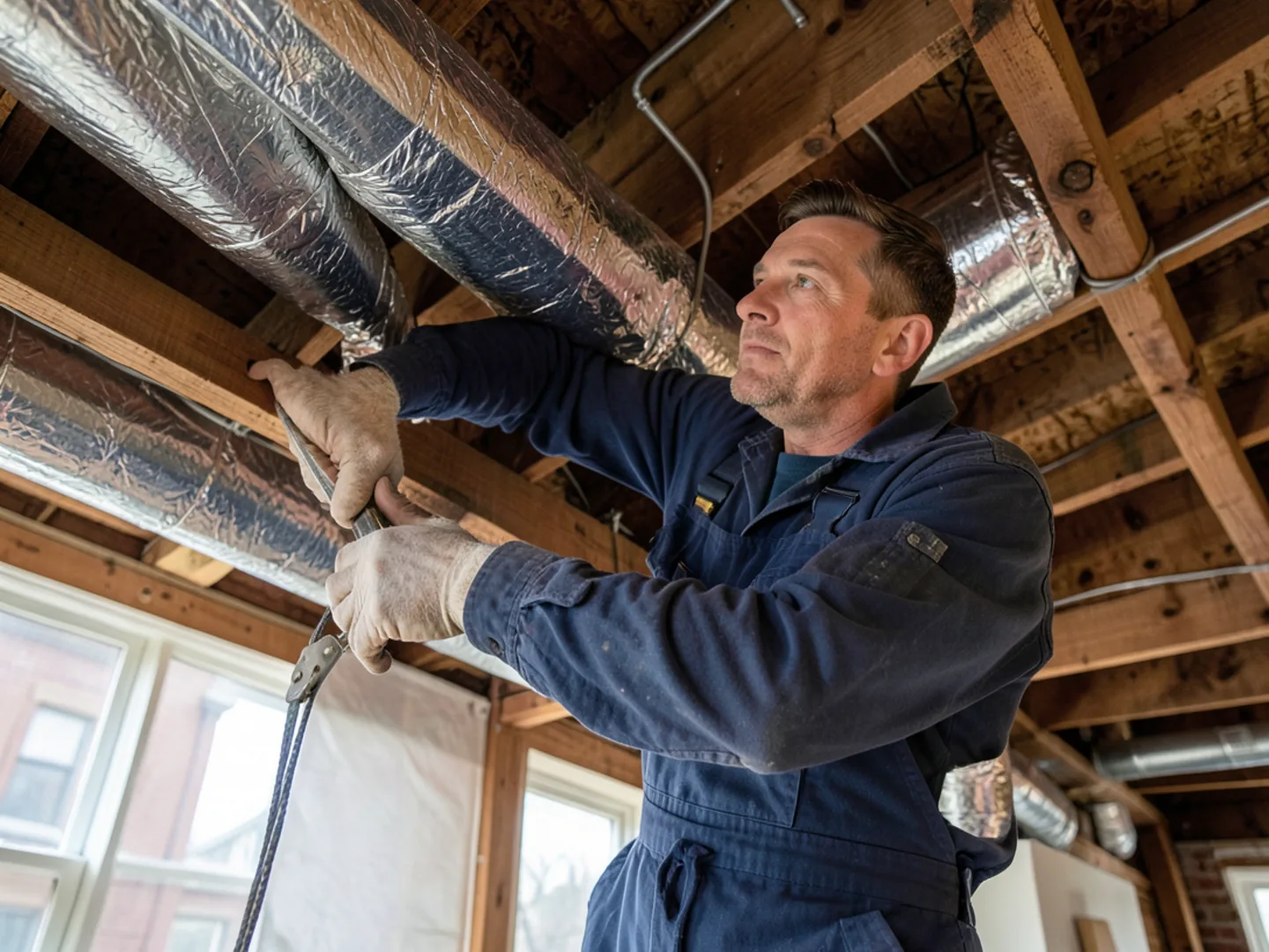Technician working in tight crawlspace under historic home repairing insulated duct run with mastic