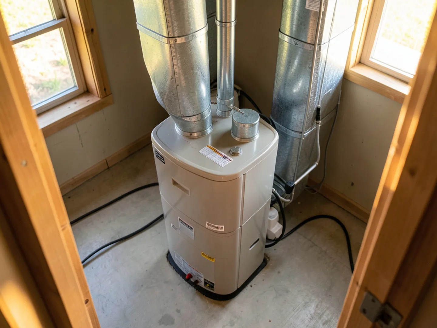 Neat mechanical room installation featuring high-efficiency heat pump paired with auxiliary gas furnace