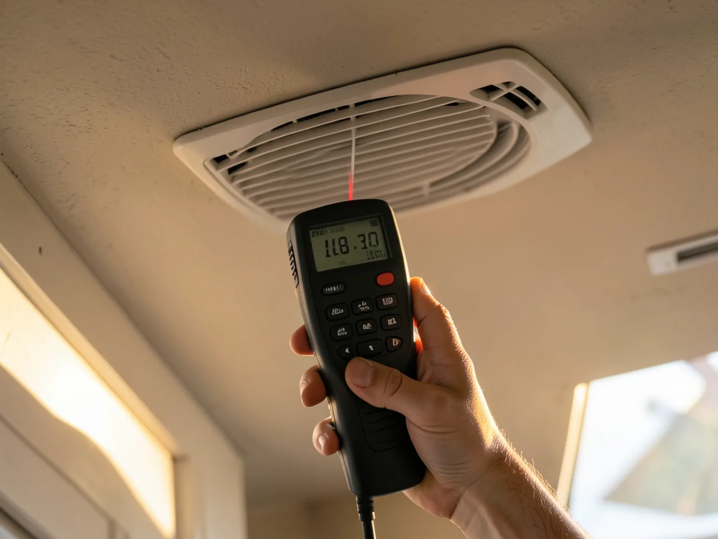 Digital vane anemometer measuring cubic feet per minute airflow delivery at ceiling supply grille