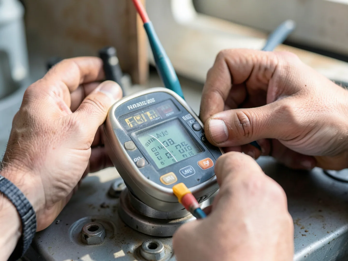 Digital multimeter measuring microfarad rating on start capacitor during annual pre-season maintenance