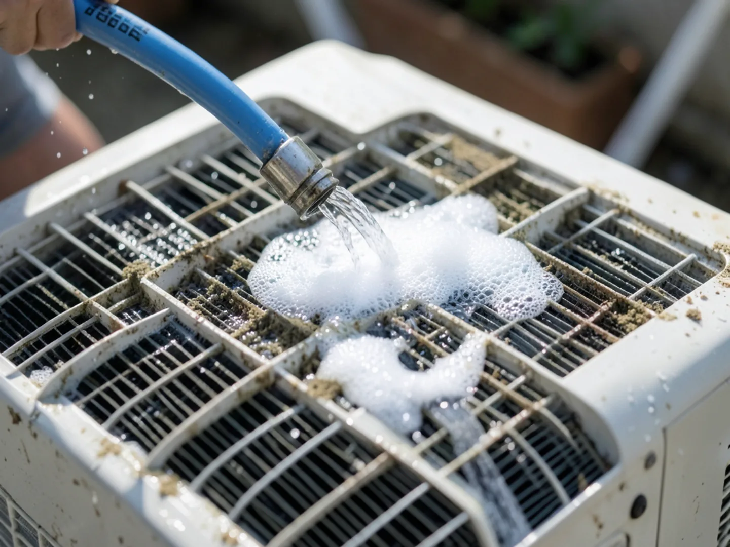 Low-pressure hose nozzle gently washing dust and cottonwood debris from aluminum condenser fins