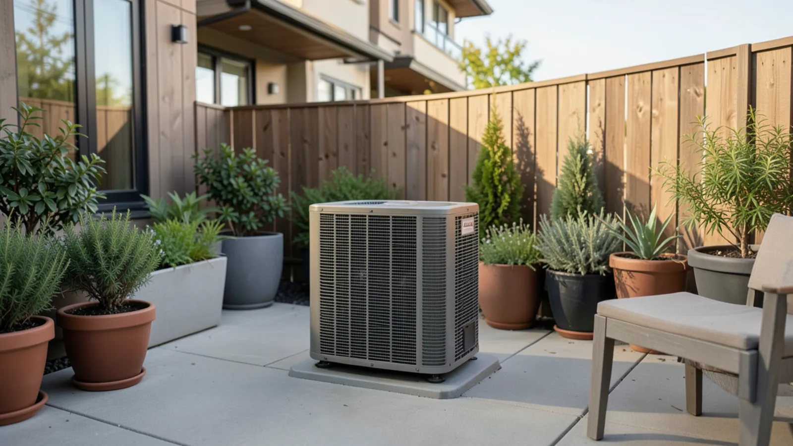 Technician checking ductless mini-split heat pump unit in contemporary Mountain View patio garden