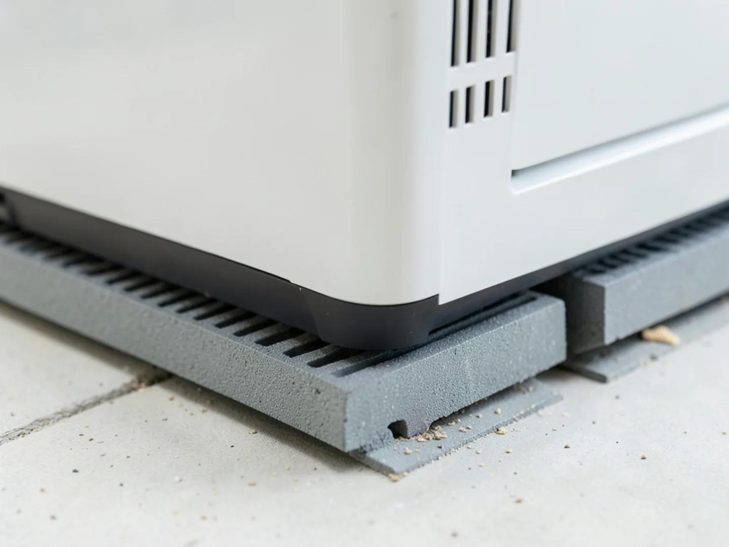 Inverter heat pump outdoor unit mounted on sound-absorbing isolation feet in Mountain View patio