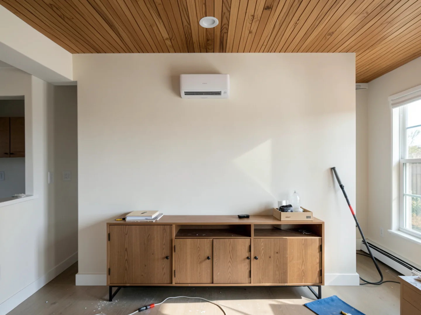 Wall-mounted mini-split indoor unit installed cleanly beneath beam ceiling in Monta Loma mid-century home