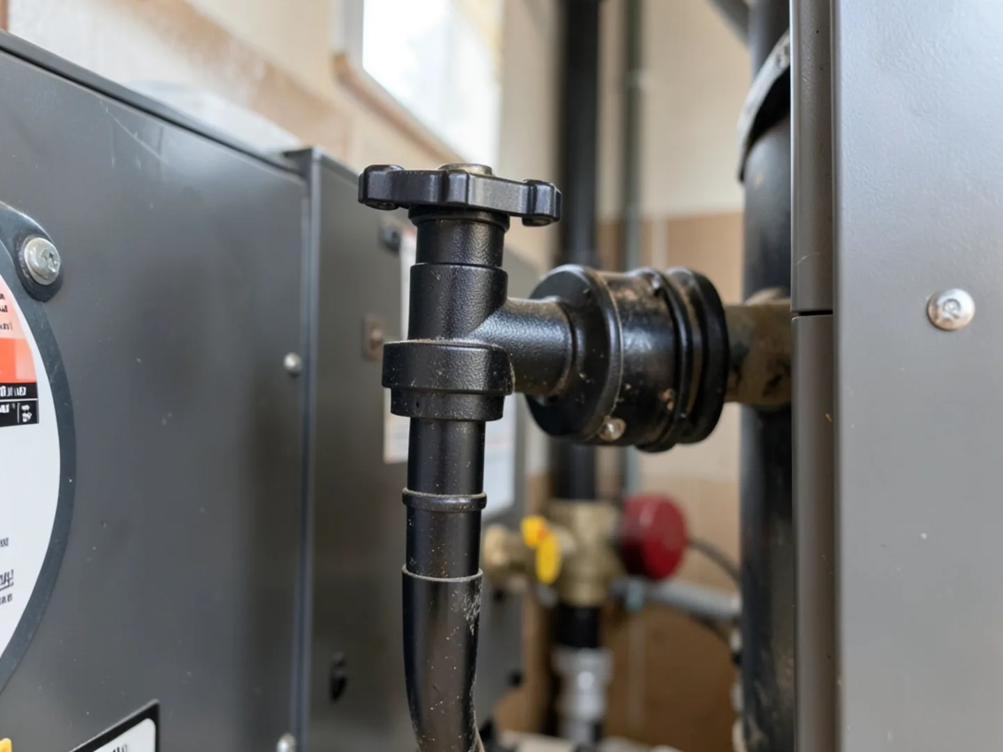 Inspecting code-compliant sediment trap and manual shutoff valve on black iron gas supply line