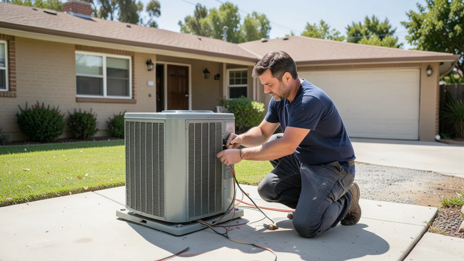 HVAC technician testing capacitor and contactor voltage on outdoor cooling unit in Santa Clara CA