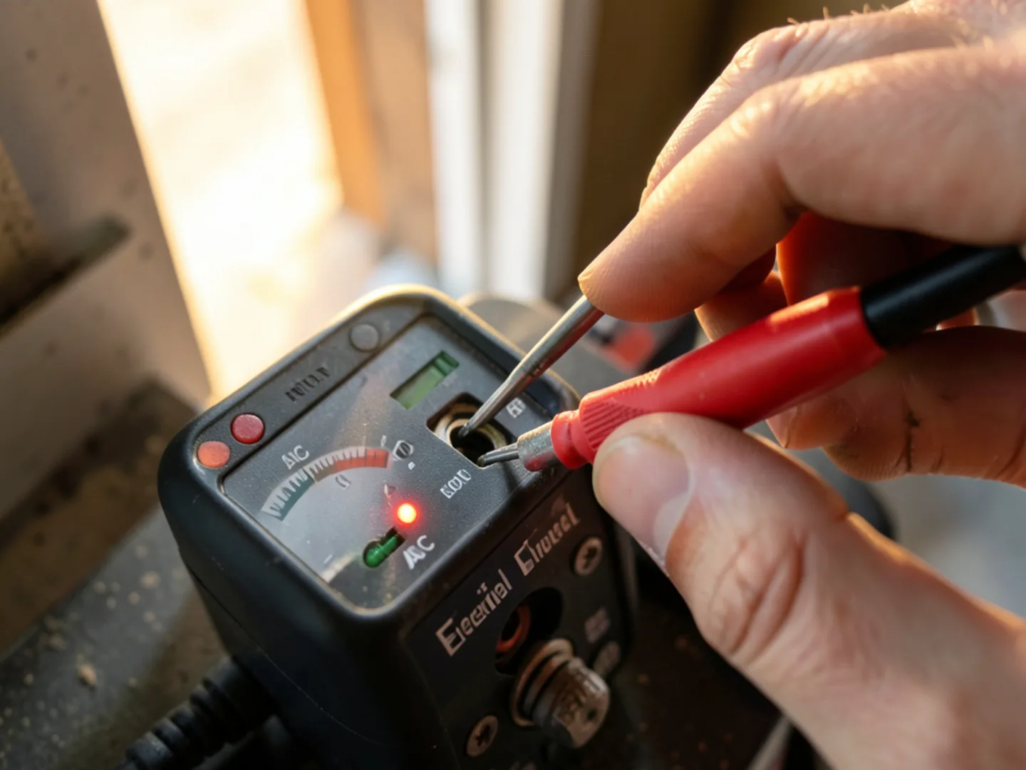 Measuring electrical voltage drop across contactor points using digital multimeter test probes