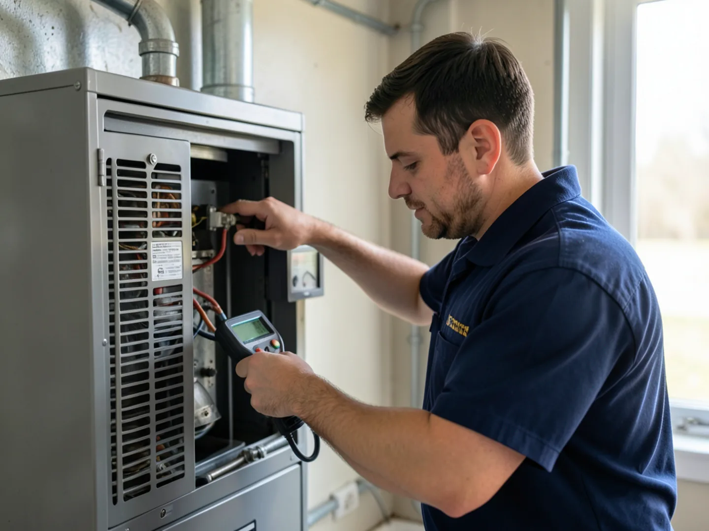 Technician conducting thorough tune-up on closet gas furnace in Santa Clara multi-tenant property