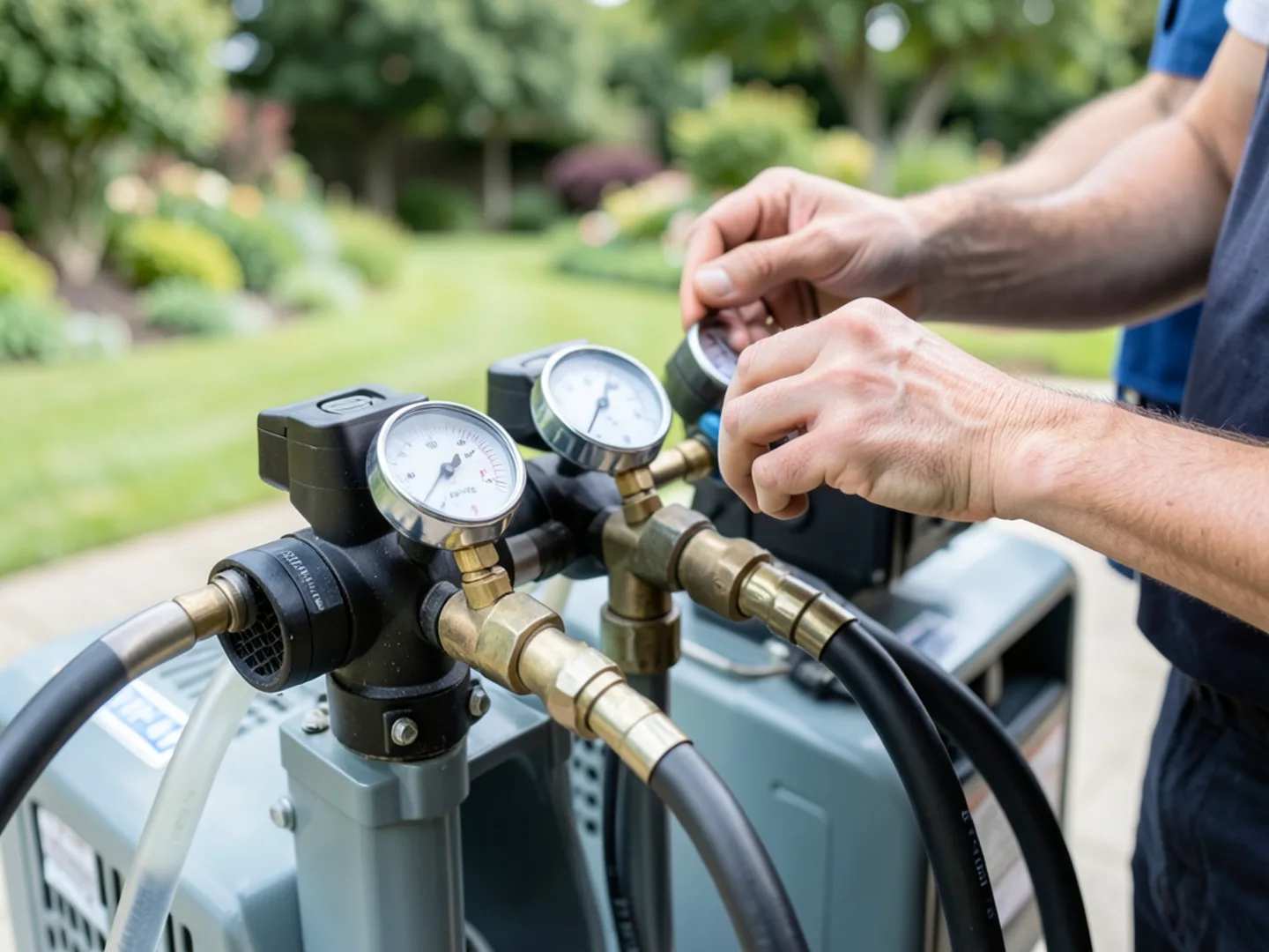 Dual digital manifold gauges hooked simultaneously to two high-tonnage AC systems outside Saratoga estate
