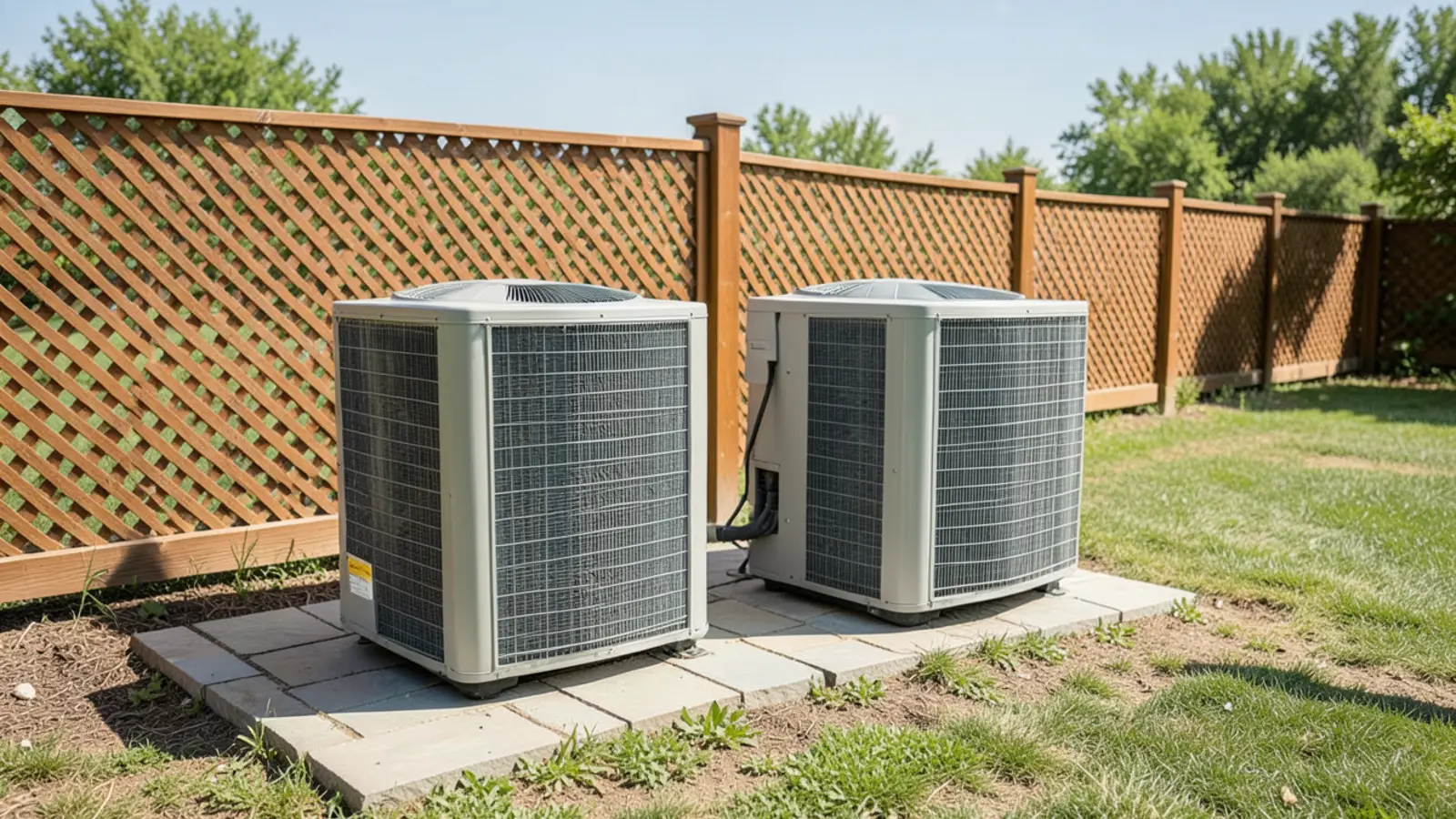 Technician servicing outdoor condenser pair outside luxury custom residence in Saratoga California