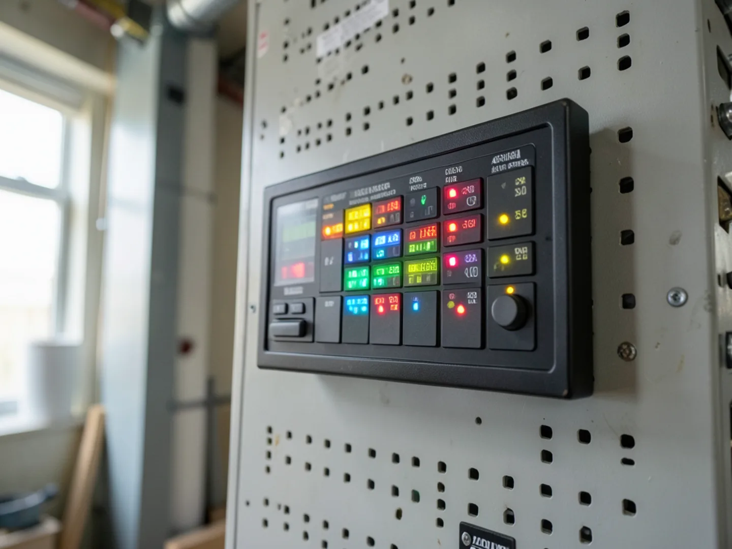 Electronic zoning control panel with illuminated status LEDs controlling motorized motorized attic dampers